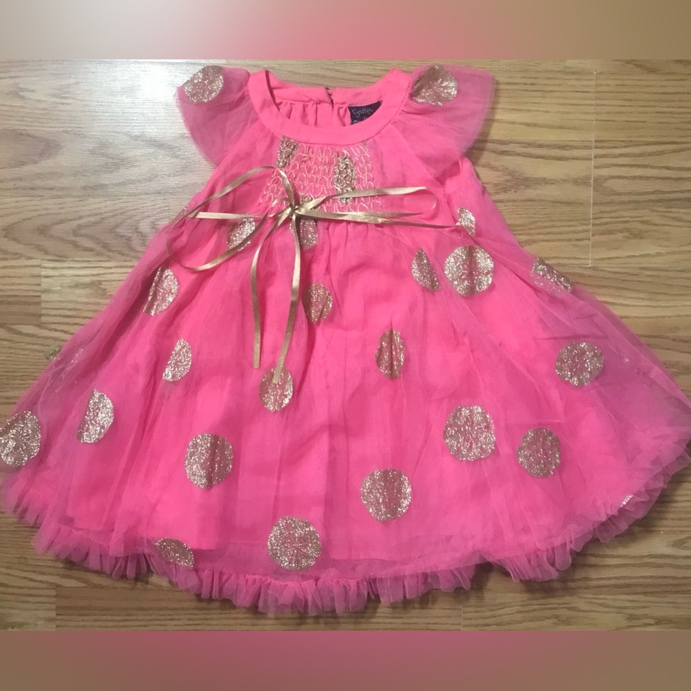 Cynthia Rowley Pink Ruffle Gown Dress w Gold Polka Dots Size 2 Toddler NWOT